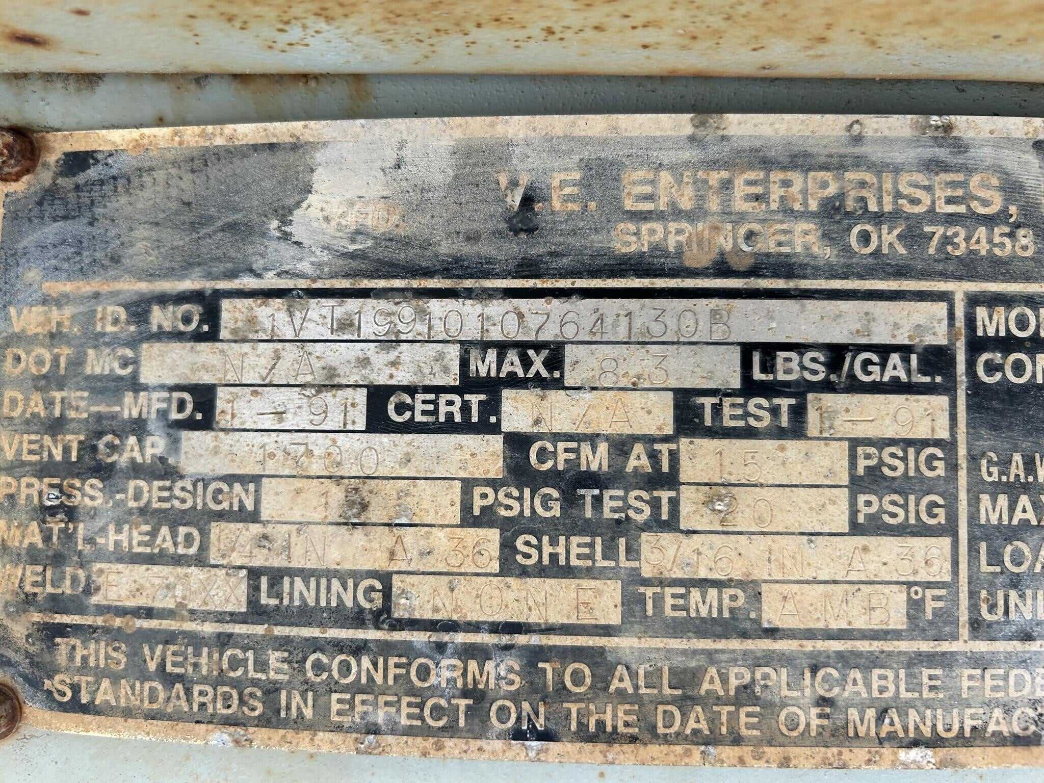 1991 VE Enterprises 5460 gallon vac tank