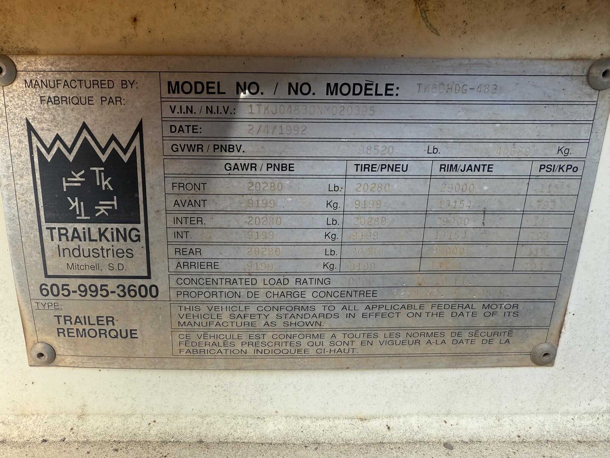 1992 Trail King tk80hdg-483