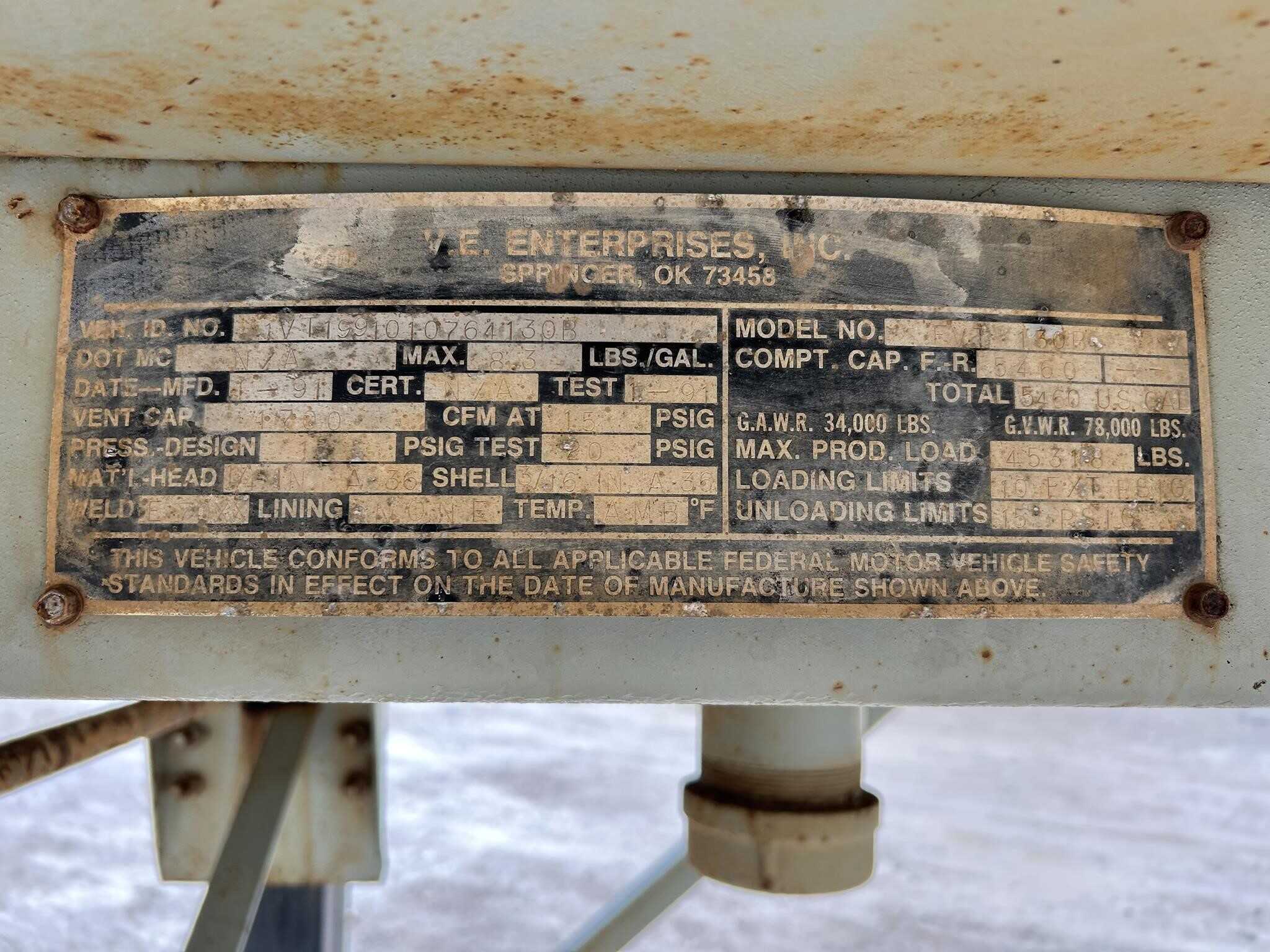 1991 VE Enterprises 5460 gallon vac tank